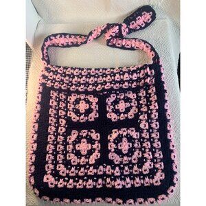 Handmade Pink & Navy Hand Crocheted Fabric Lined Handbag